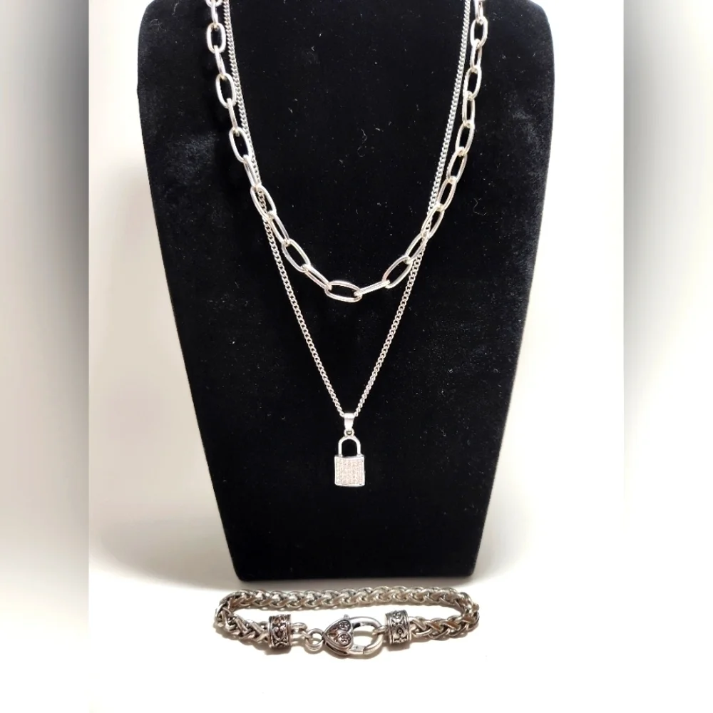 Crystal Lock Necklace Paperclip Double Chain Bracelet Marchasite Heart Clasp